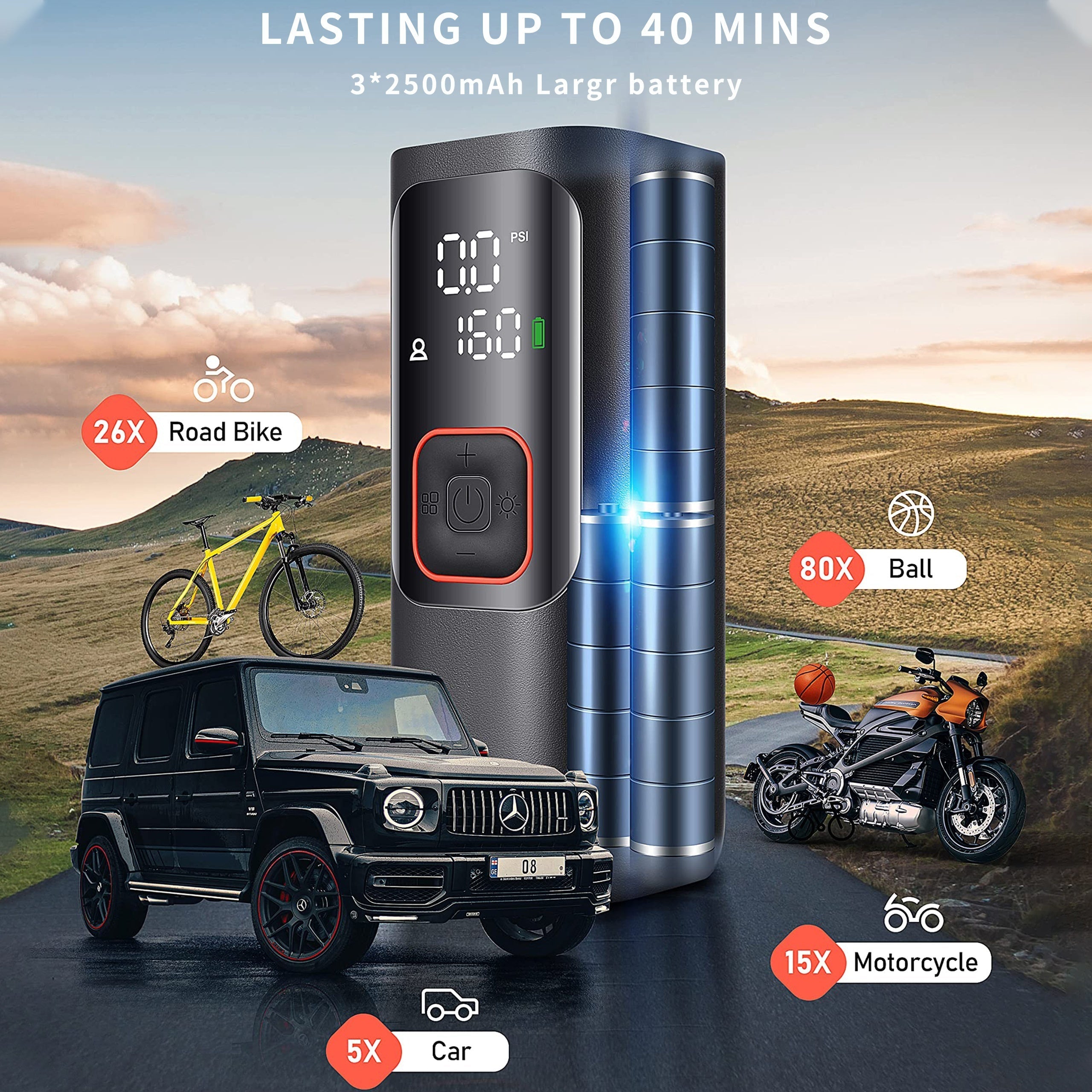Compresseur d'air portable pour pneus - Puissant 160 PSI et 2 fois plus rapide, affichage LCD précis de la pression, fonctionnement facile sans fil - Pompe à air portable