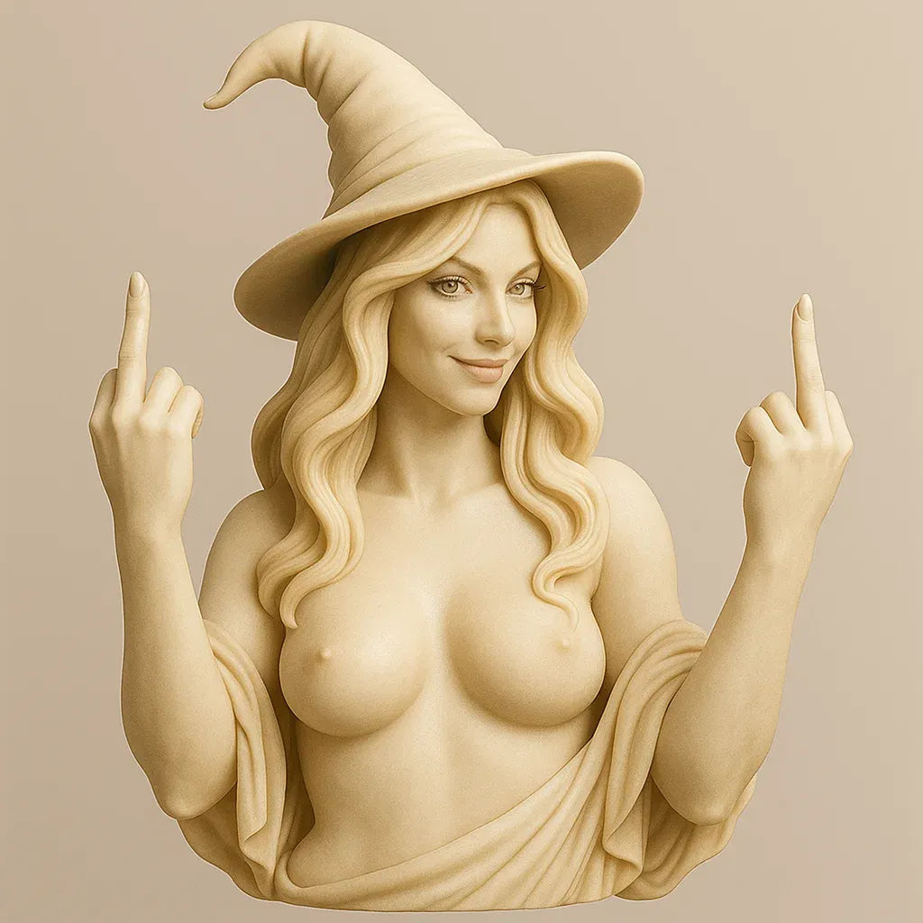 Statue de sorcière au doigt d'honneur
