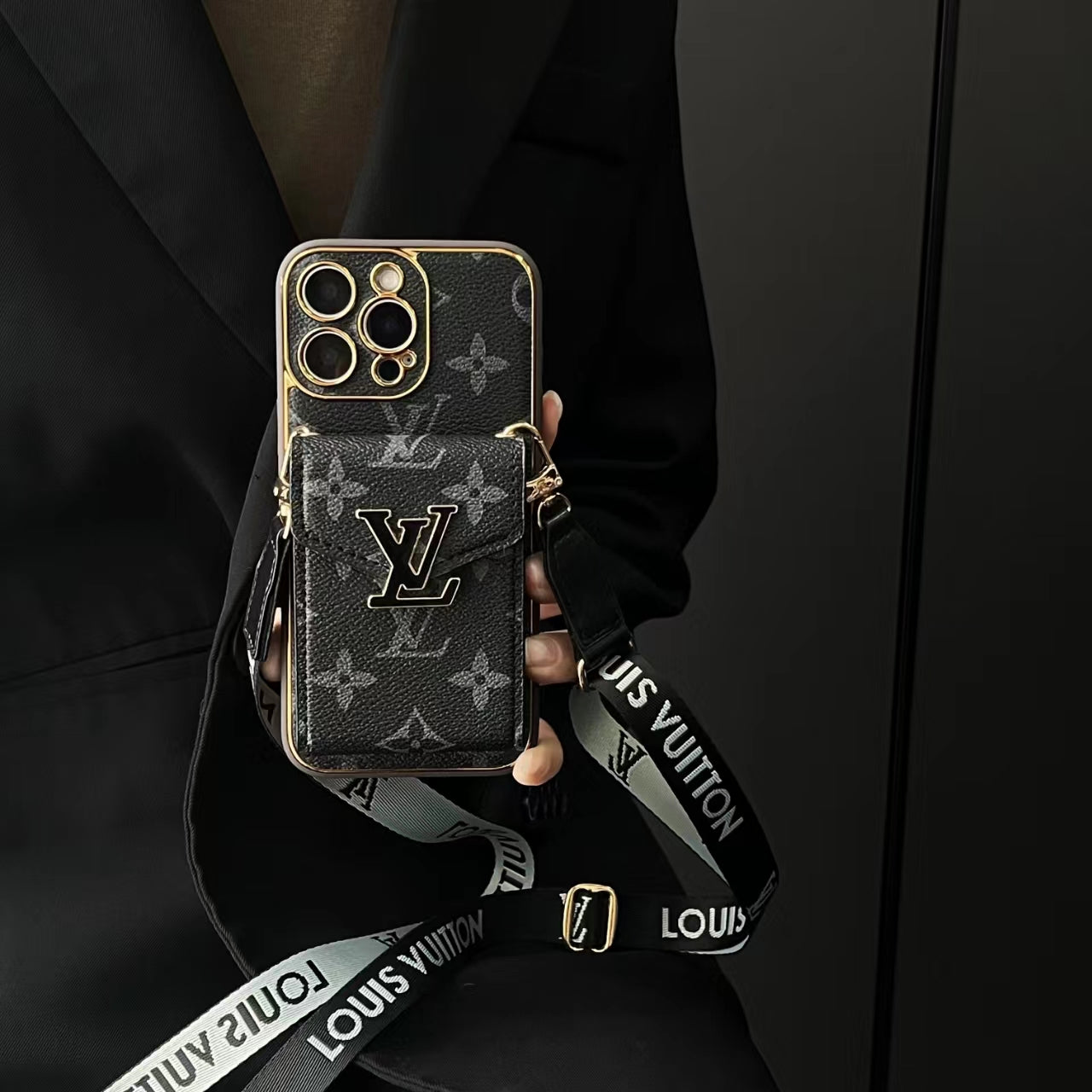 🔥 Étui en cuir antichoc à couverture complète avec portefeuille et sangle pour téléphone, étui pour iPhone avec monogramme