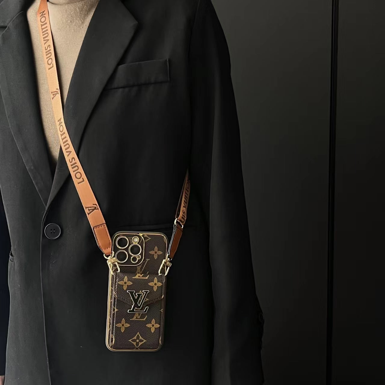 🔥 Étui en cuir antichoc à couverture complète avec portefeuille et sangle pour téléphone, étui pour iPhone avec monogramme