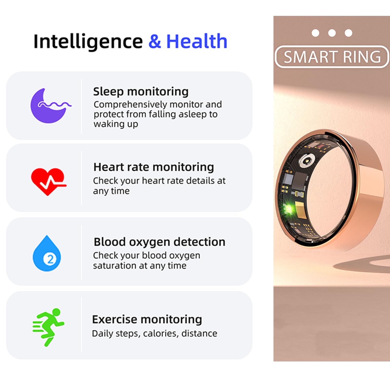 Bague connectée HitTopss, suivi de la condition physique avec suivi des calories, de la fréquence cardiaque, de l'oxygène dans le sang et du sommeil, étanchéité IP68, sans abonnement à l'application