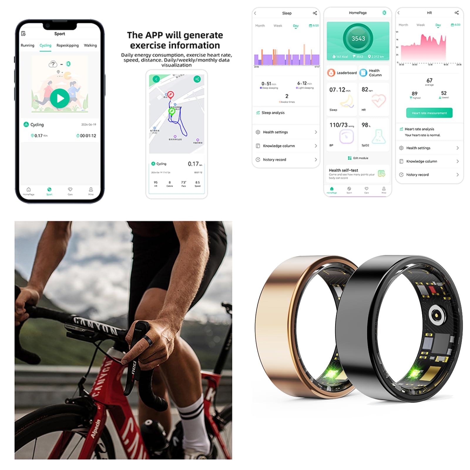 Bague connectée HitTopss, suivi de la condition physique avec suivi des calories, de la fréquence cardiaque, de l'oxygène dans le sang et du sommeil, étanchéité IP68, sans abonnement à l'application