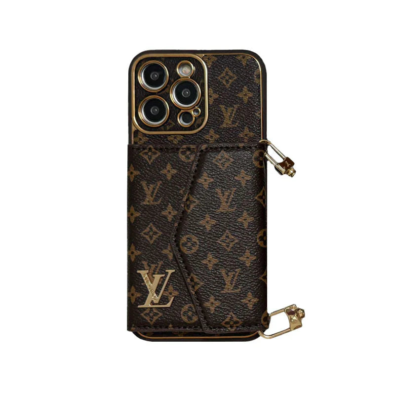 Étui portefeuille et bandoulière pour iPhone avec monogramme marron et grand imprimé