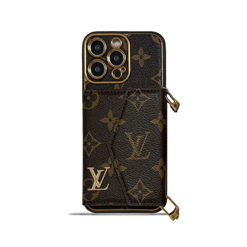 Étui portefeuille et bandoulière pour iPhone avec monogramme marron et grand imprimé
