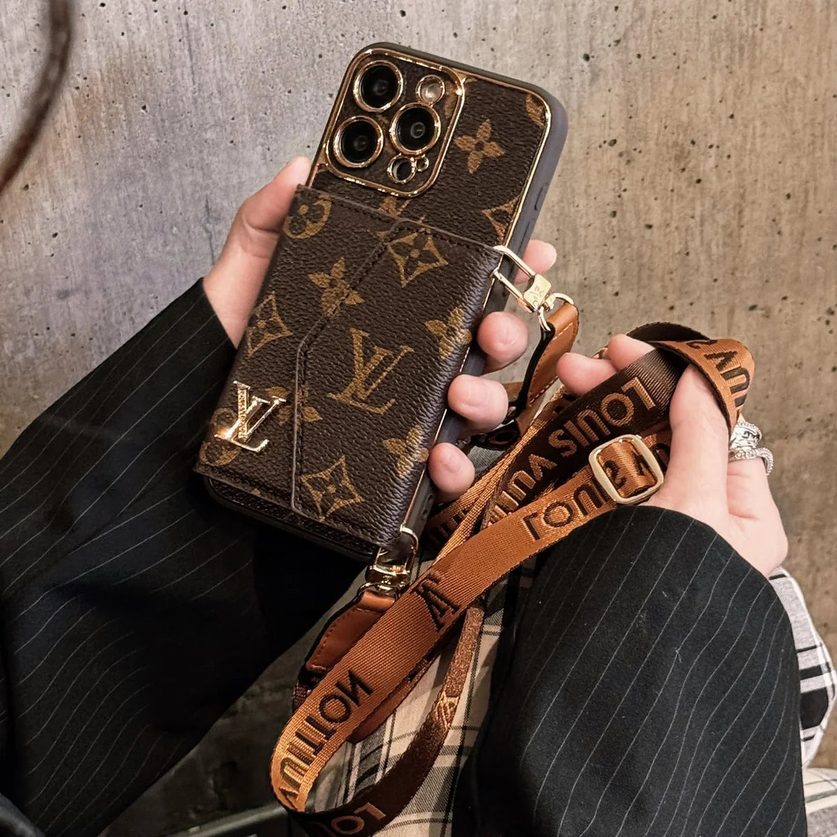 Monogram iPhone Case With Wallet And Strap Brown Big Printing