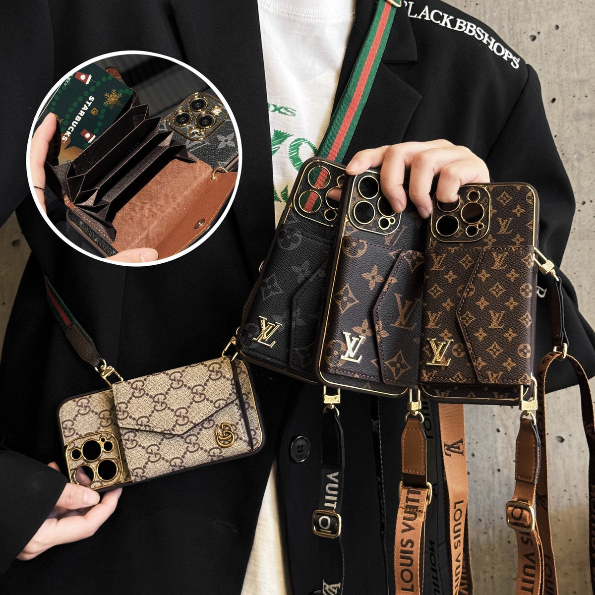 Monogram iPhone Case With Wallet And Strap Brown Big Printing