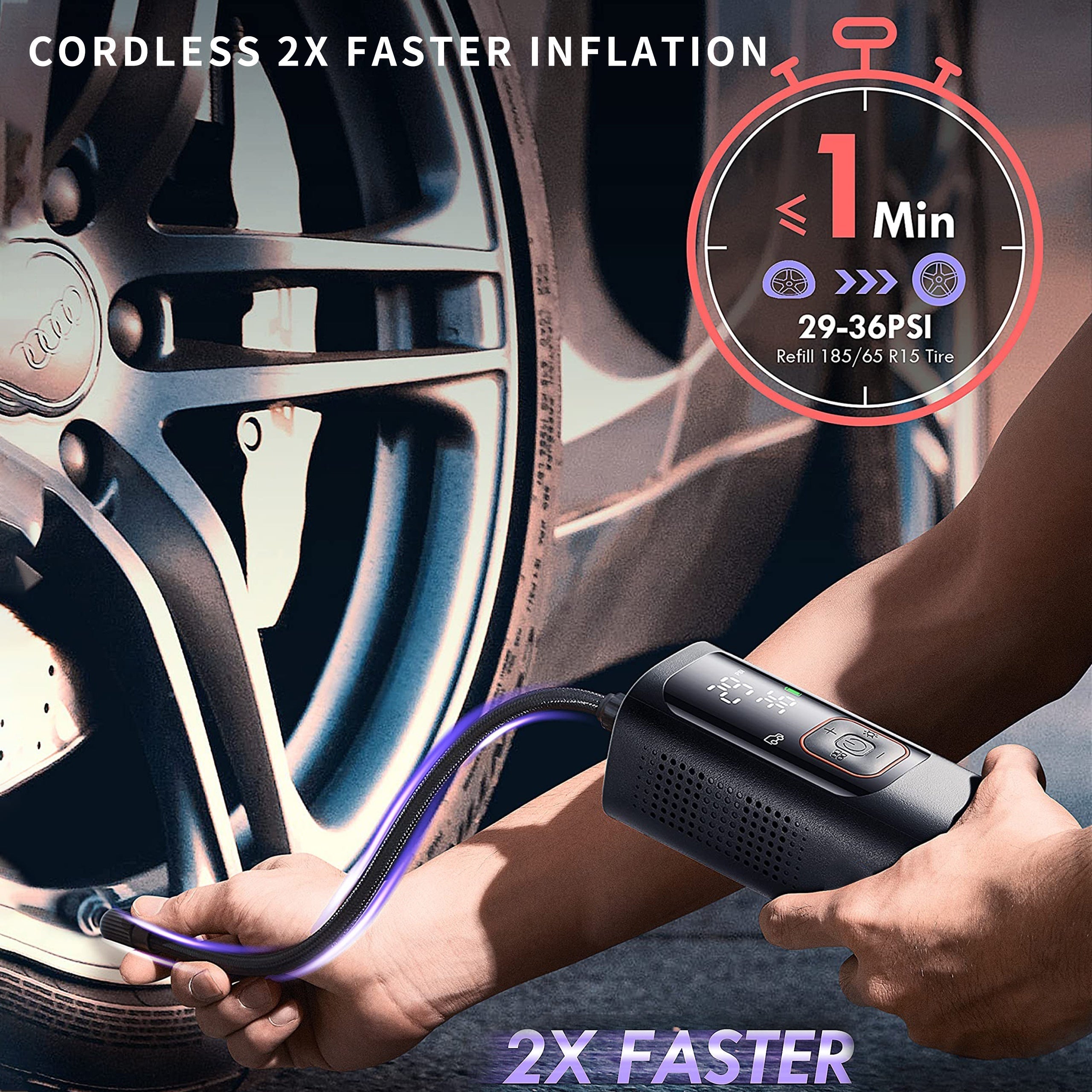 Compresseur d'air portable pour pneus - Puissant 160 PSI et 2 fois plus rapide, affichage LCD précis de la pression, fonctionnement facile sans fil - Pompe à air portable 
