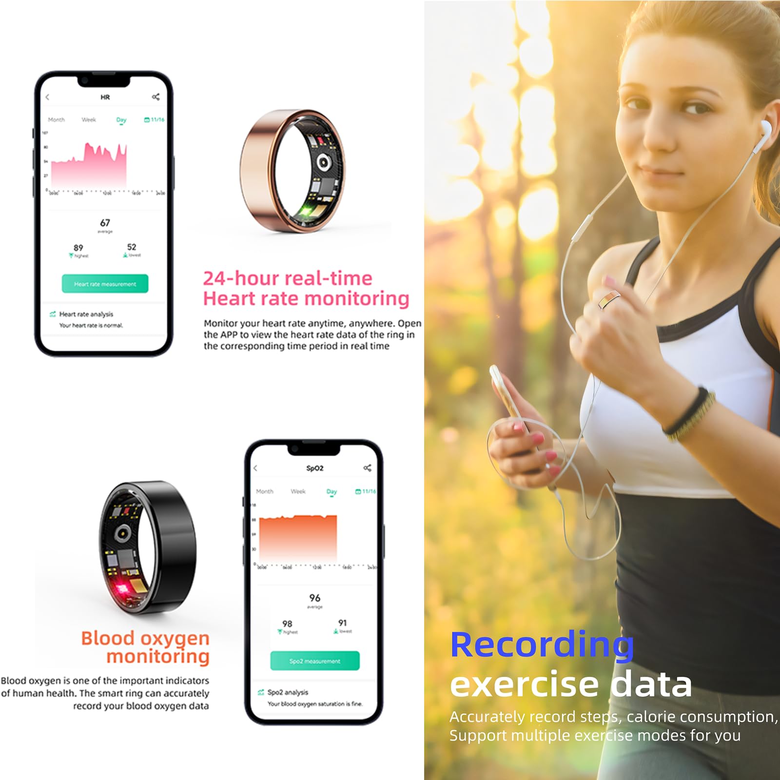 Bague connectée HitTopss, suivi de la condition physique avec suivi des calories, de la fréquence cardiaque, de l'oxygène dans le sang et du sommeil, étanchéité IP68, sans abonnement à l'application 