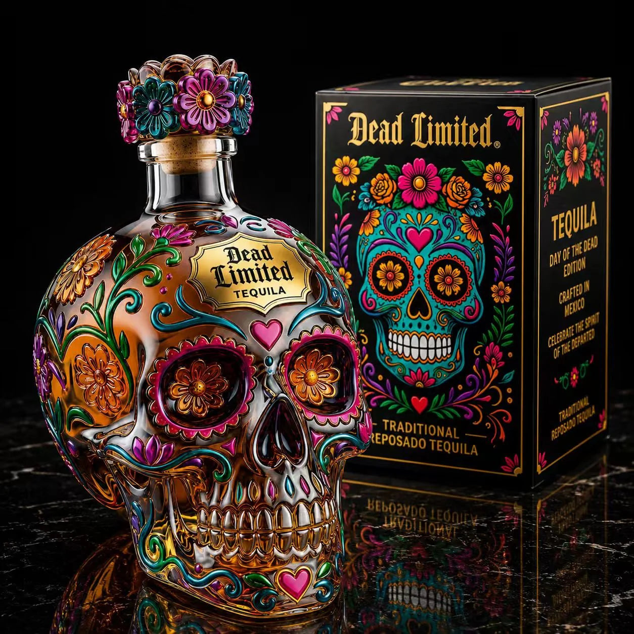 🎁🍷Limited Edition Day of the Dead Skull Tequila Bottle – Colorful Collector’s Gift Box🎁