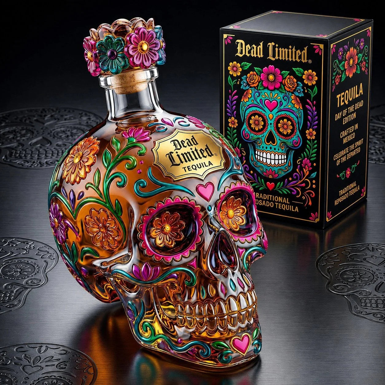 🎁🍷Limited Edition Day of the Dead Skull Tequila Bottle – Colorful Collector’s Gift Box🎁